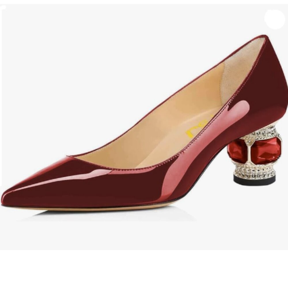 FSJ Women Bridal Pointed Toe Chunky Block Low Heel Crystal Pumps Thick Heel Red